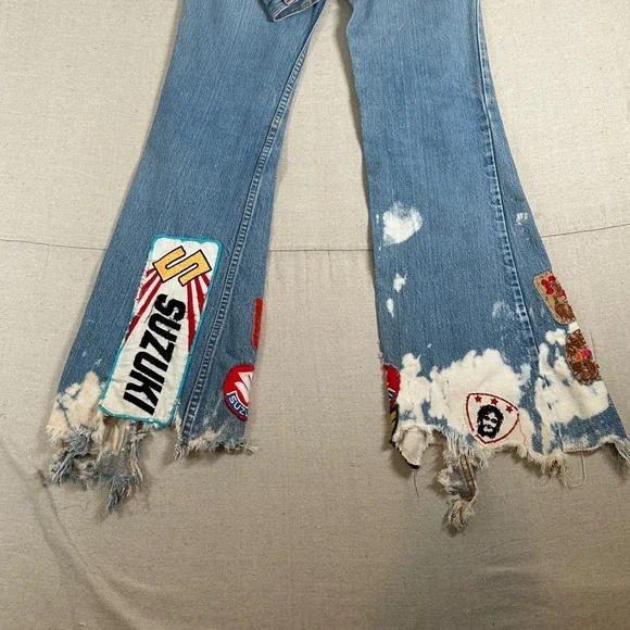 Levi's Custom Patchwork Flare Jeans Distressed Festival Boho 70s Hippie bell - Picture 7 of 12